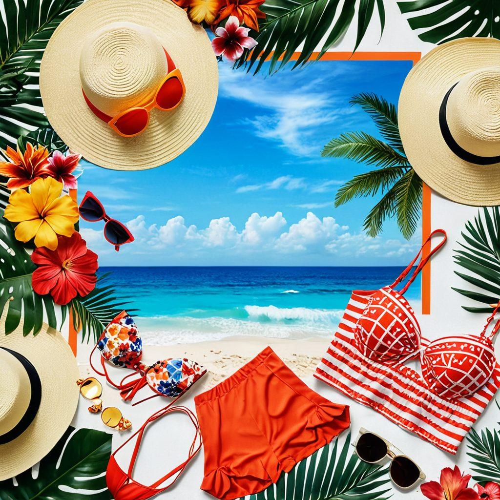 A striking collage showcasing a diverse array of summer fashion pieces, including elegant lingerie and chic bathing suits, set against a sunny beach backdrop. Elements of playful accessories like sun hats and sunglasses are intertwined, while vibrant tropical flowers frame the scene, creating a festive atmosphere. Emphasize the transition from intimate wear to beach attire with a flowing gradient of colors, embodying the essence of summer. super-realistic. vibrant colors. tropical theme.