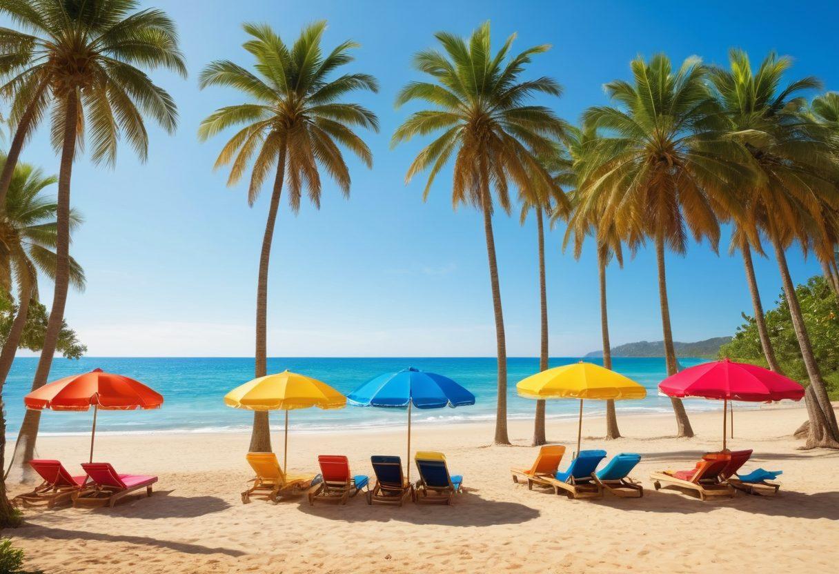 A vibrant summer beach scene featuring a diverse group of stylish individuals showcasing the latest swimwear and beachwear trends. Include colorful umbrellas, surfboards, and beach towels, with clear blue skies and golden sands. Capture a sense of joy and relaxation, with sun hats and sunglasses adding to the fashion. Tropical palm trees in the background add to the summery vibe. 3D. vibrant colors. super-realistic.